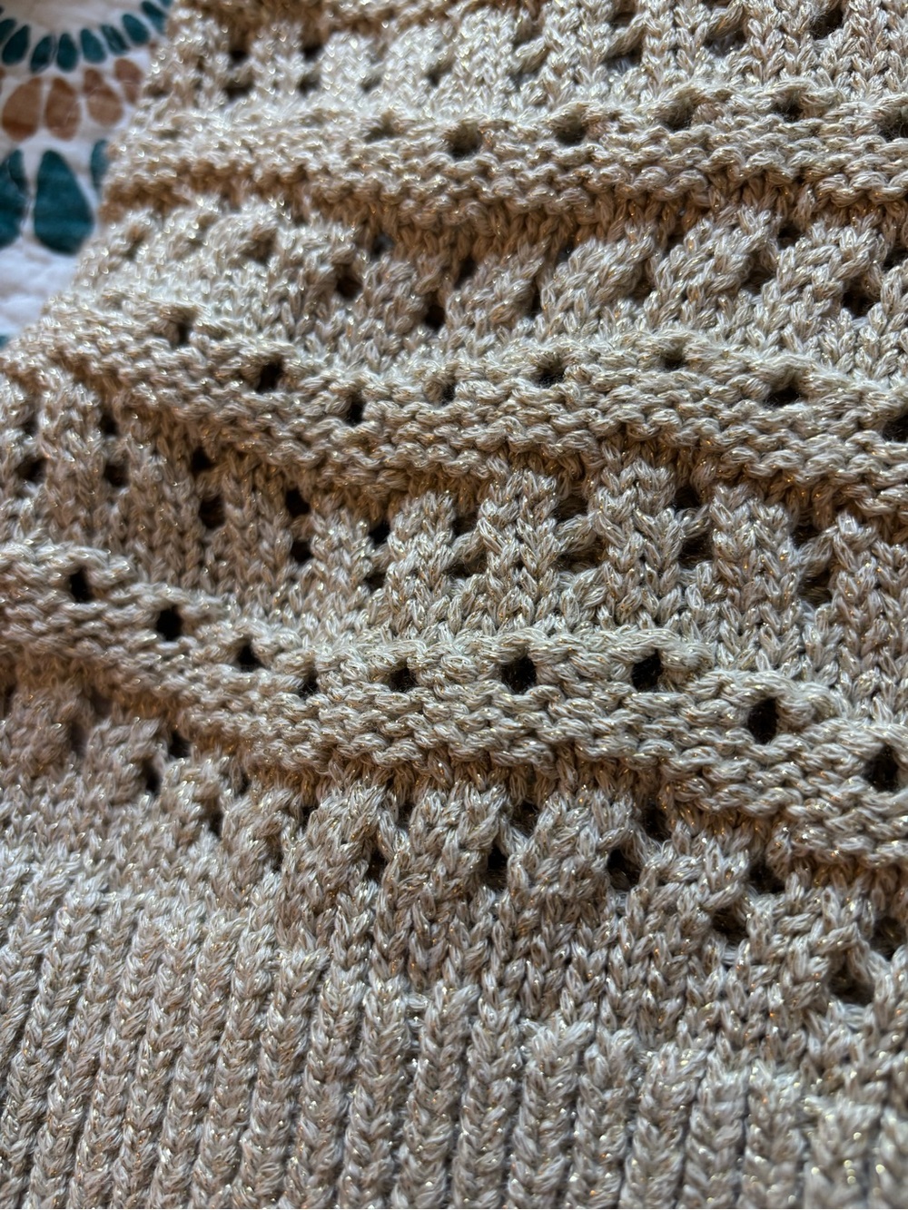 LOFT Beige and Gold thread Open-Knit Button Front Cardigan - Picture 7 of 8